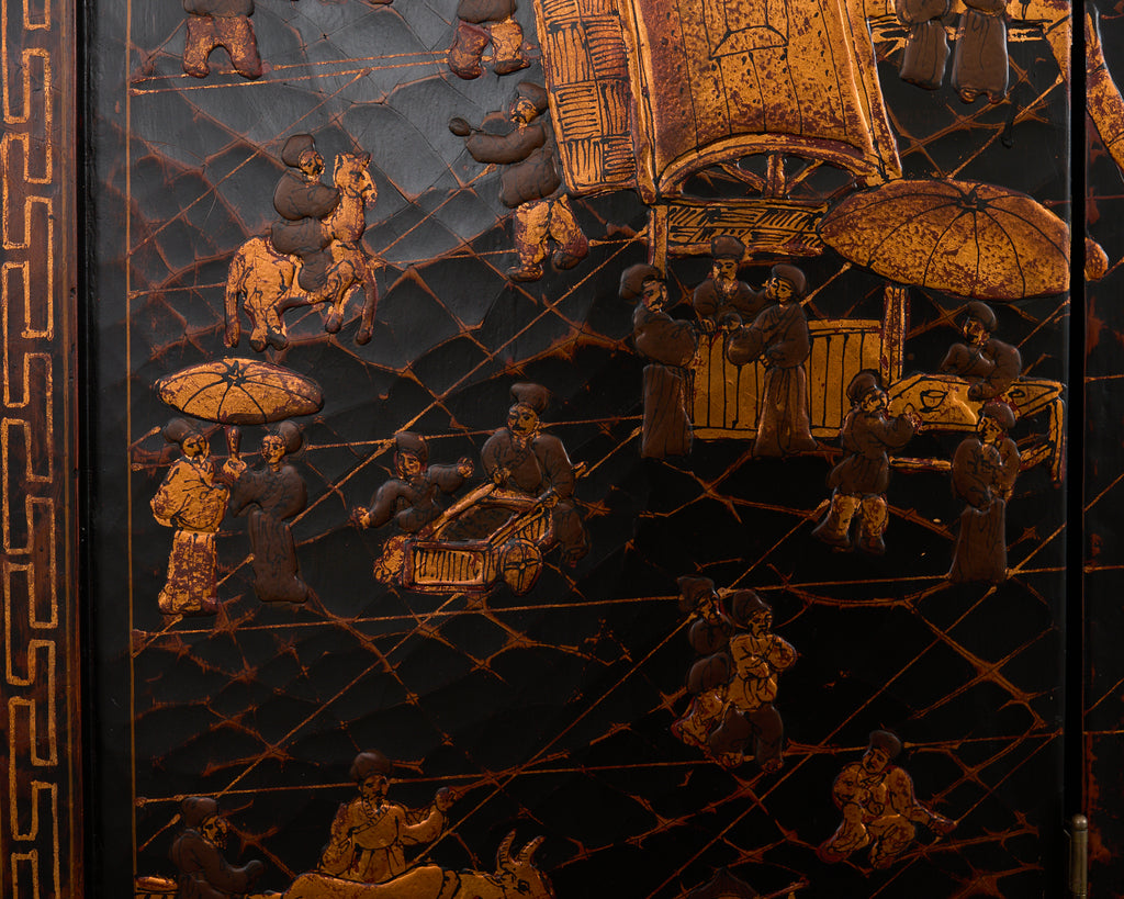 Chinese Export Four Panel Coromandel Style Screen Ancient Bridge