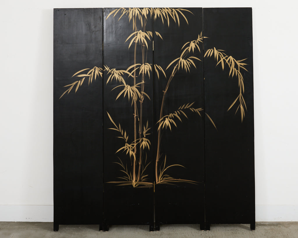 Chinese Export Four Panel Coromandel Style Screen Ancient Bridge