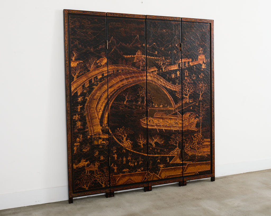 Chinese Export Four Panel Coromandel Style Screen Ancient Bridge