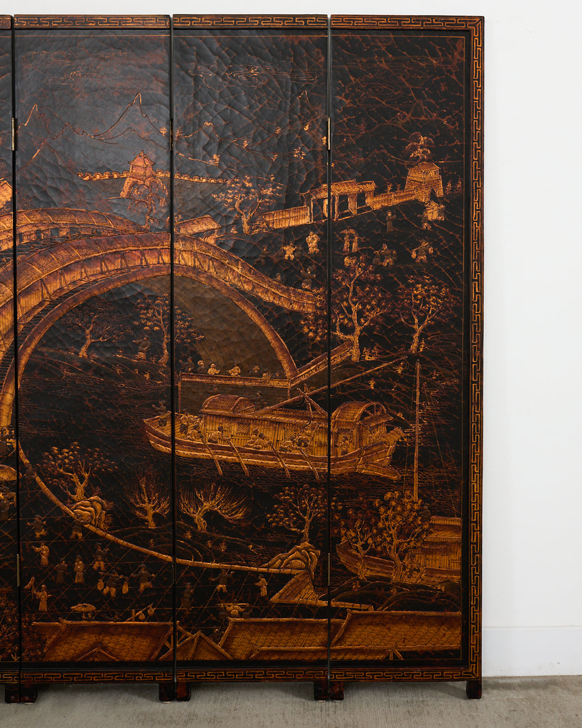 Chinese Export Four Panel Coromandel Style Screen Ancient Bridge