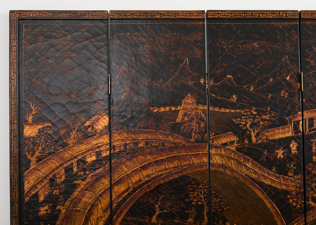 Chinese Export Four Panel Coromandel Style Screen Ancient Bridge