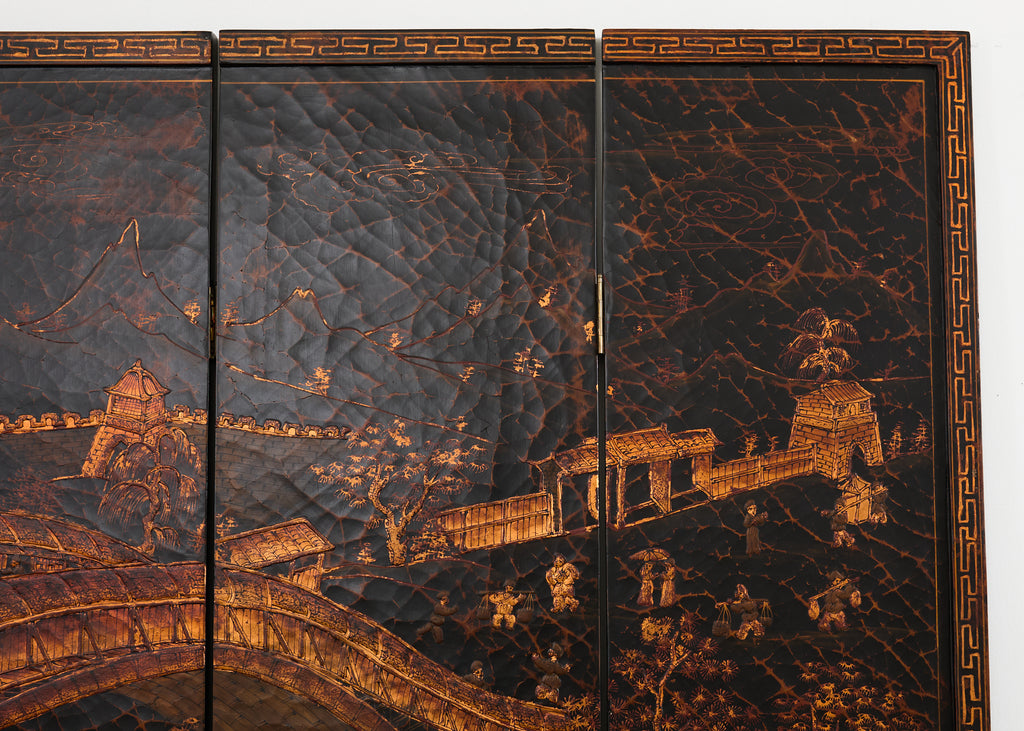 Chinese Export Four Panel Coromandel Style Screen Ancient Bridge