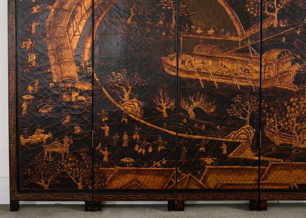 Chinese Export Four Panel Coromandel Style Screen Ancient Bridge