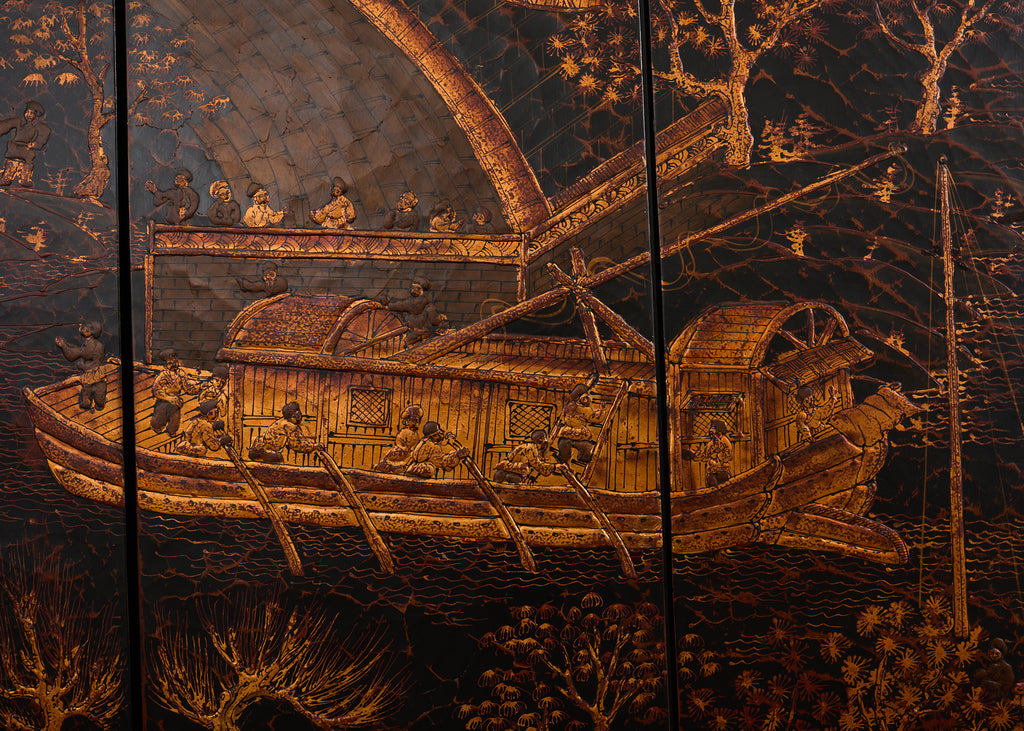 Chinese Export Four Panel Coromandel Style Screen Ancient Bridge
