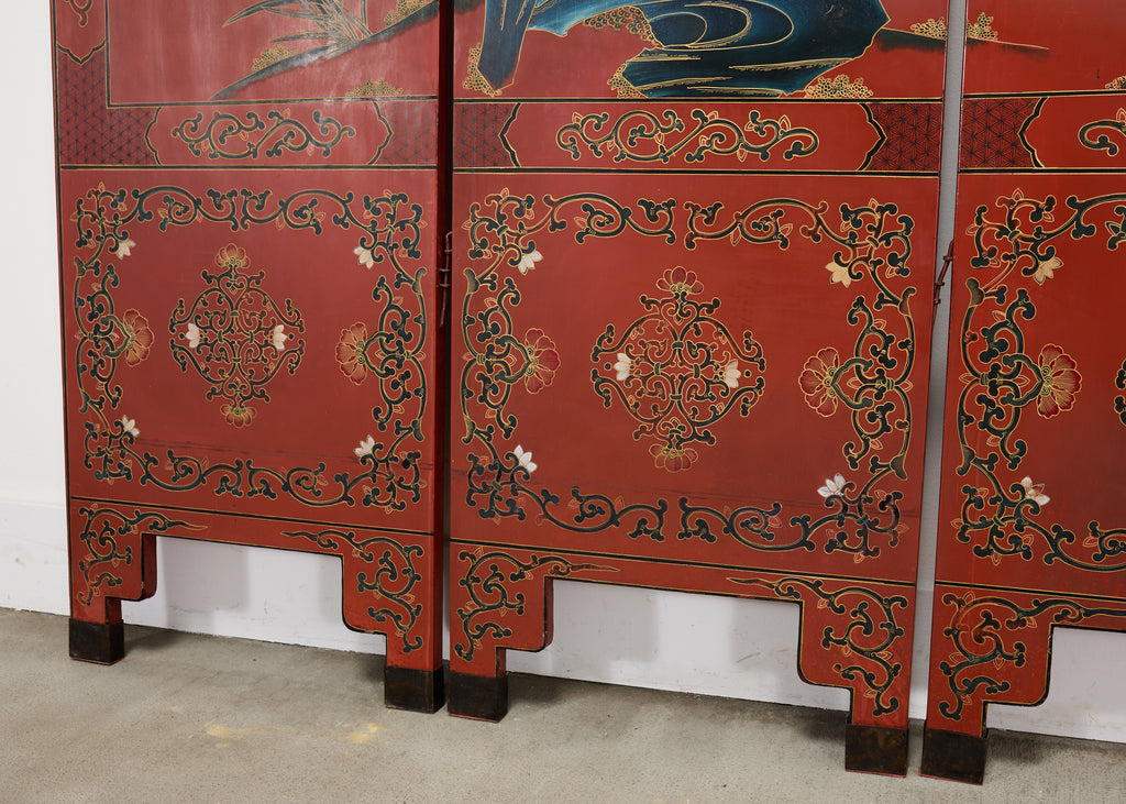 Chinese Export Four Panel Red Lacquered Chinoiserie Gilt Screen