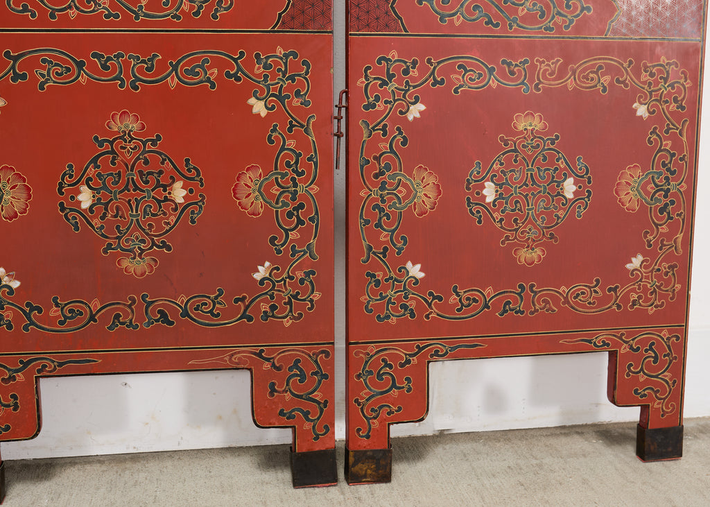 Chinese Export Four Panel Red Lacquered Chinoiserie Gilt Screen