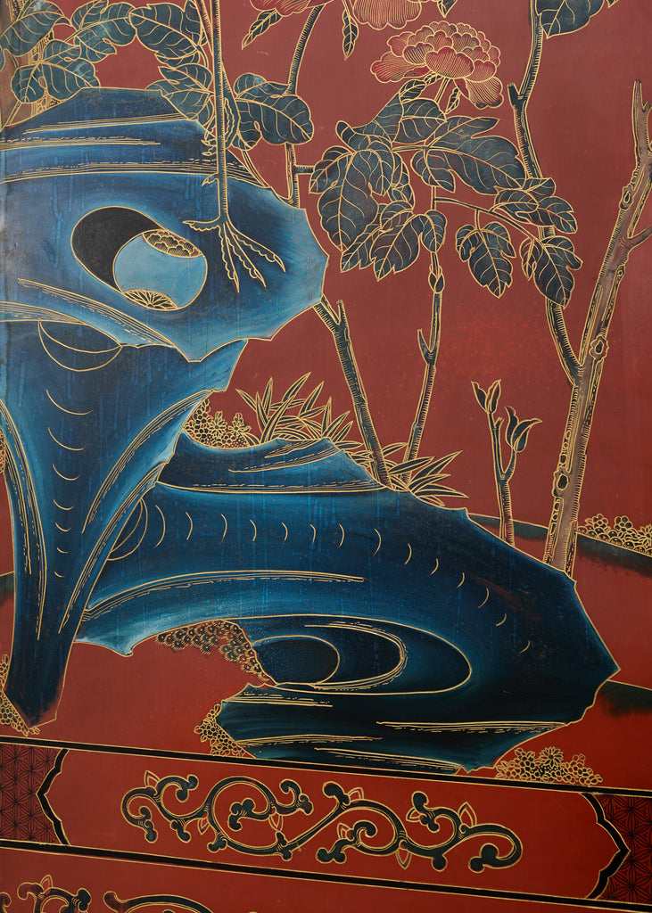 Chinese Export Four Panel Red Lacquered Chinoiserie Gilt Screen