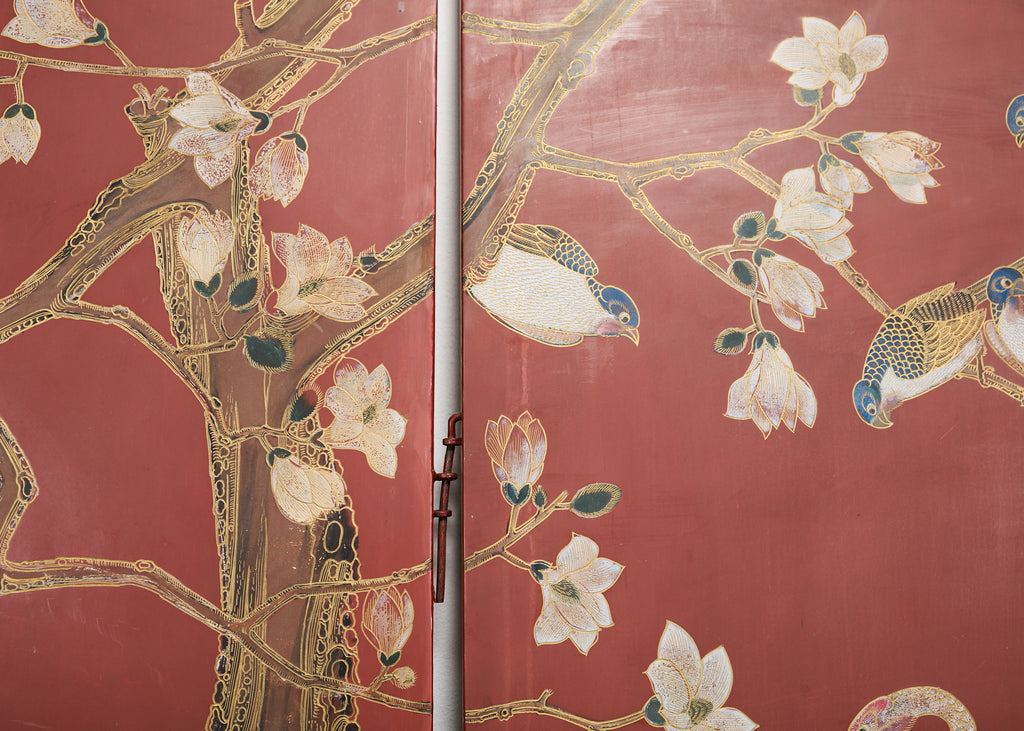 Chinese Export Four Panel Red Lacquered Chinoiserie Gilt Screen