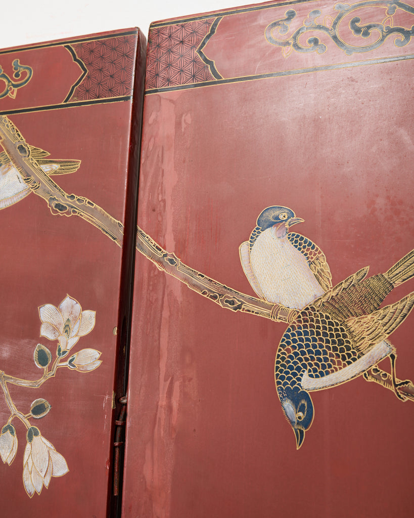 Chinese Export Four Panel Red Lacquered Chinoiserie Gilt Screen