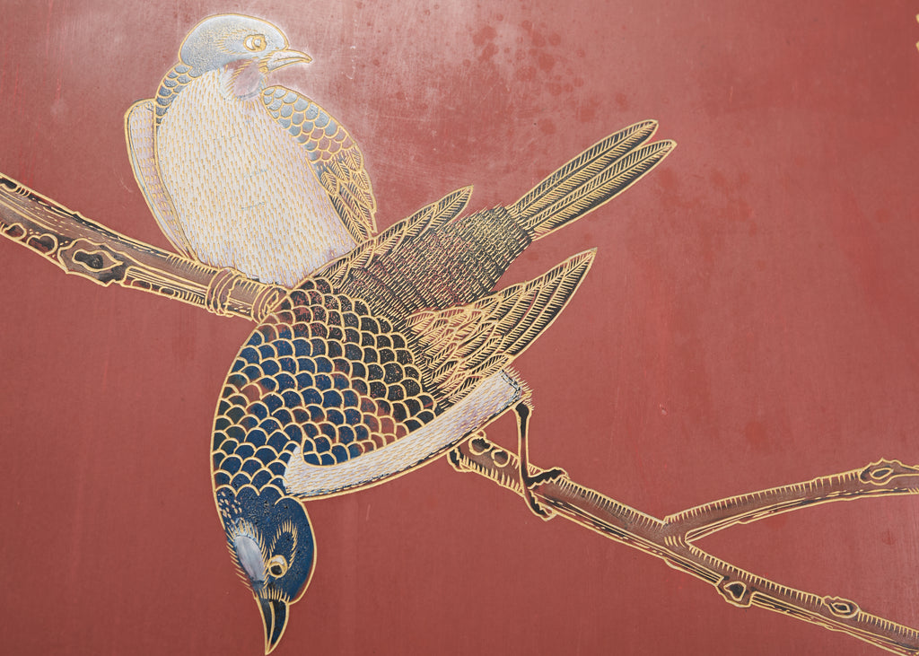 Chinese Export Four Panel Red Lacquered Chinoiserie Gilt Screen