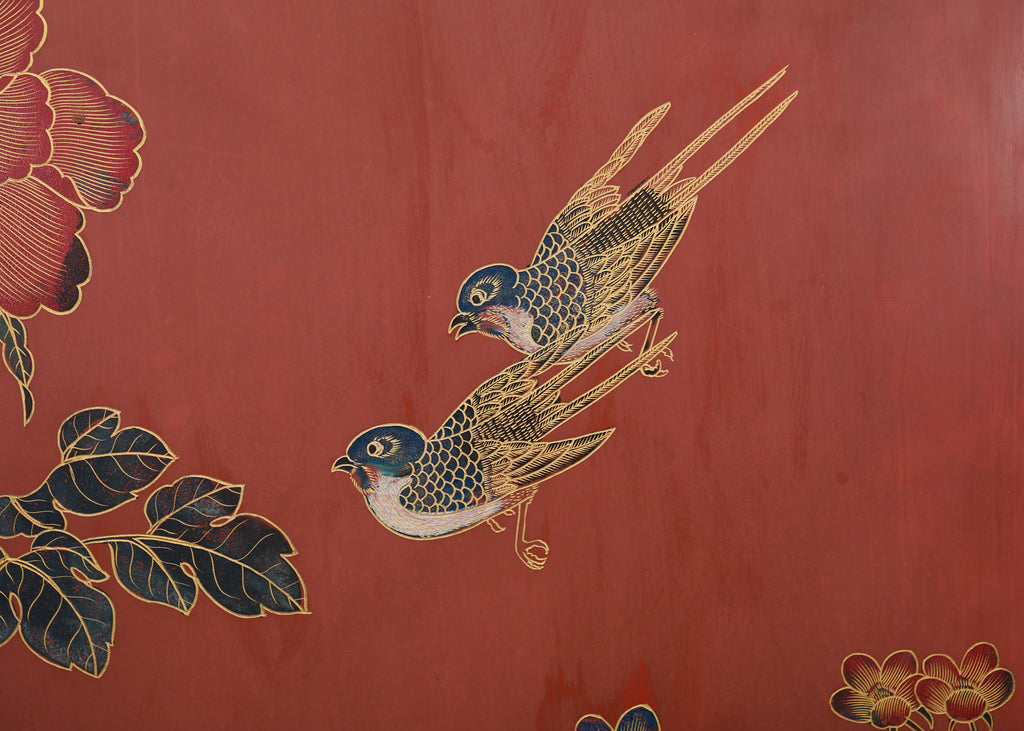 Chinese Export Four Panel Red Lacquered Chinoiserie Gilt Screen