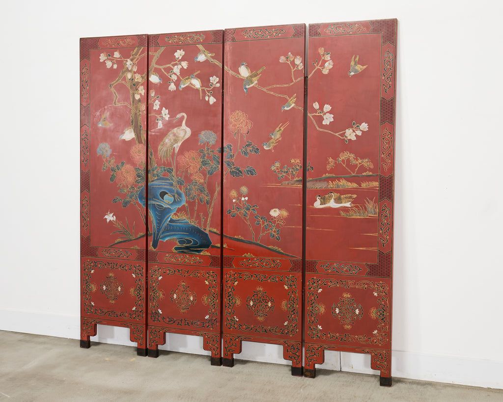 Chinese Export Four Panel Red Lacquered Chinoiserie Gilt Screen