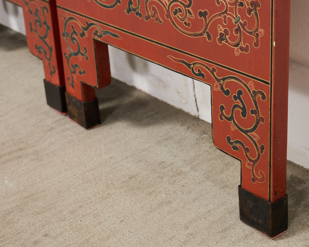 Chinese Export Four Panel Red Lacquered Chinoiserie Gilt Screen
