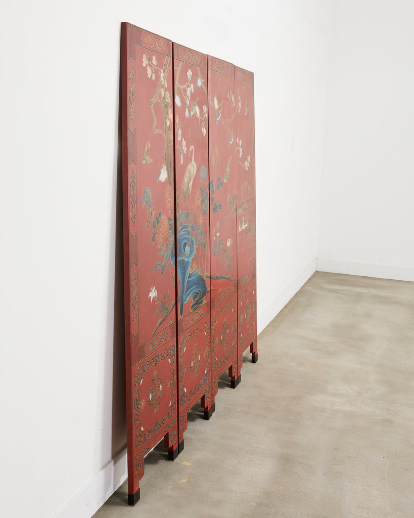 Chinese Export Four Panel Red Lacquered Chinoiserie Gilt Screen