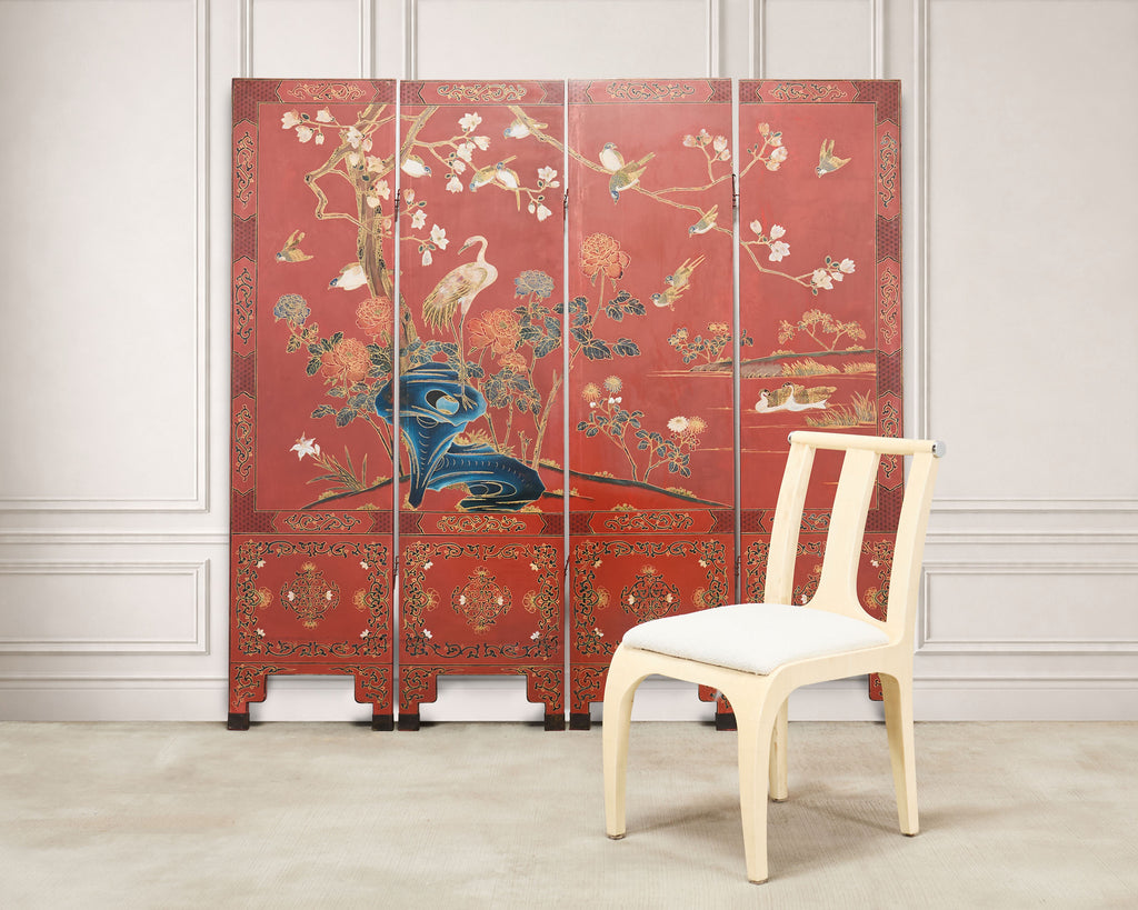 Chinese Export Four Panel Red Lacquered Chinoiserie Gilt Screen