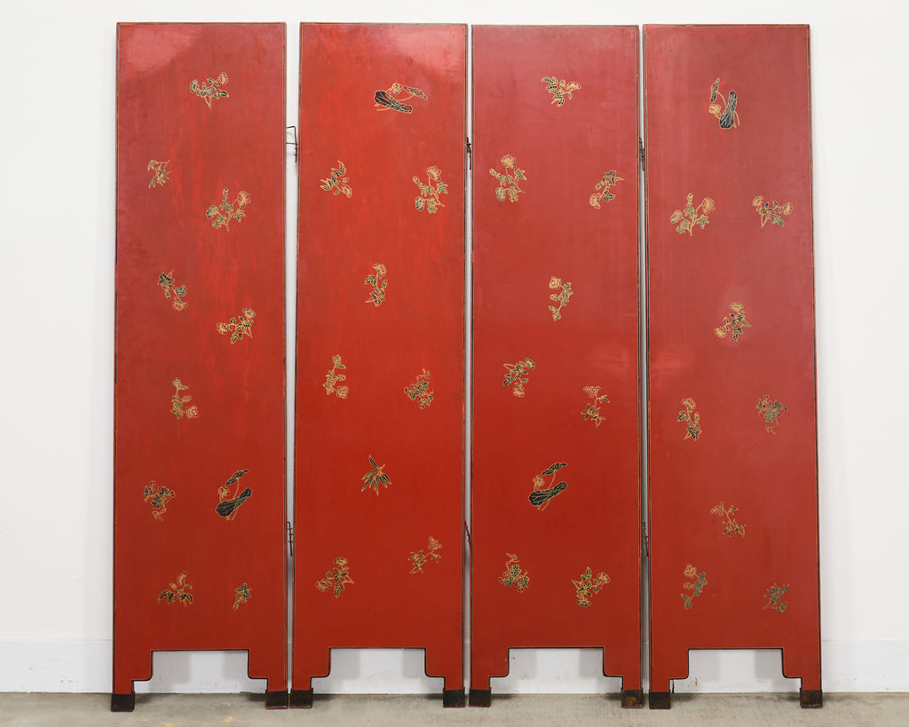 Chinese Export Four Panel Red Lacquered Chinoiserie Gilt Screen