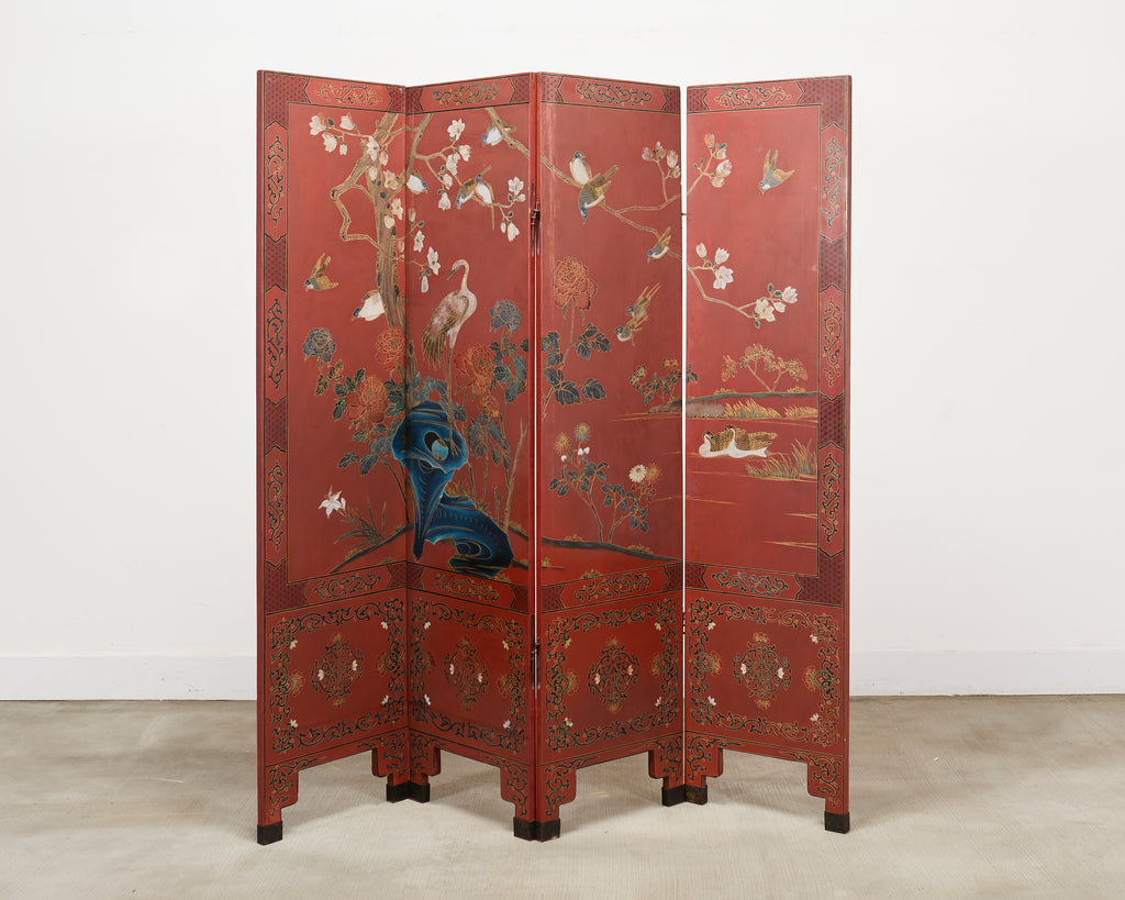 Chinese Export Four Panel Red Lacquered Chinoiserie Gilt Screen