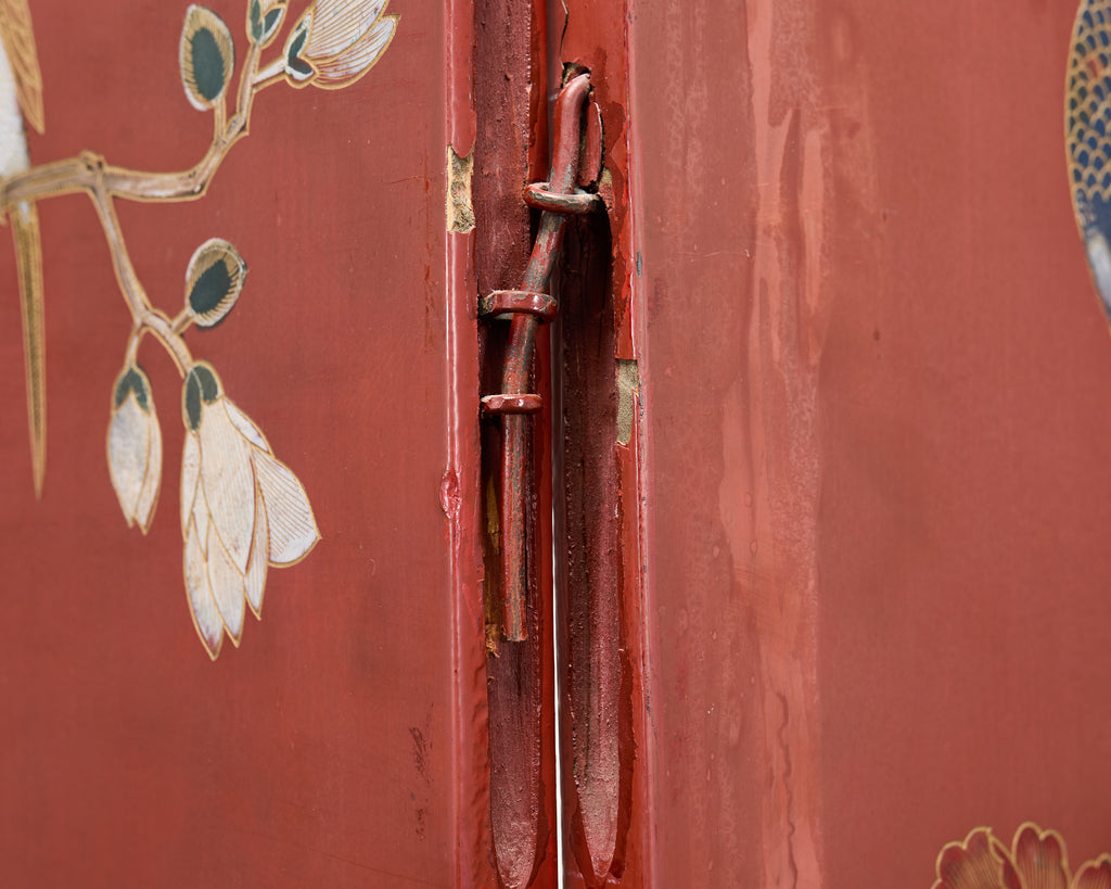 Chinese Export Four Panel Red Lacquered Chinoiserie Gilt Screen