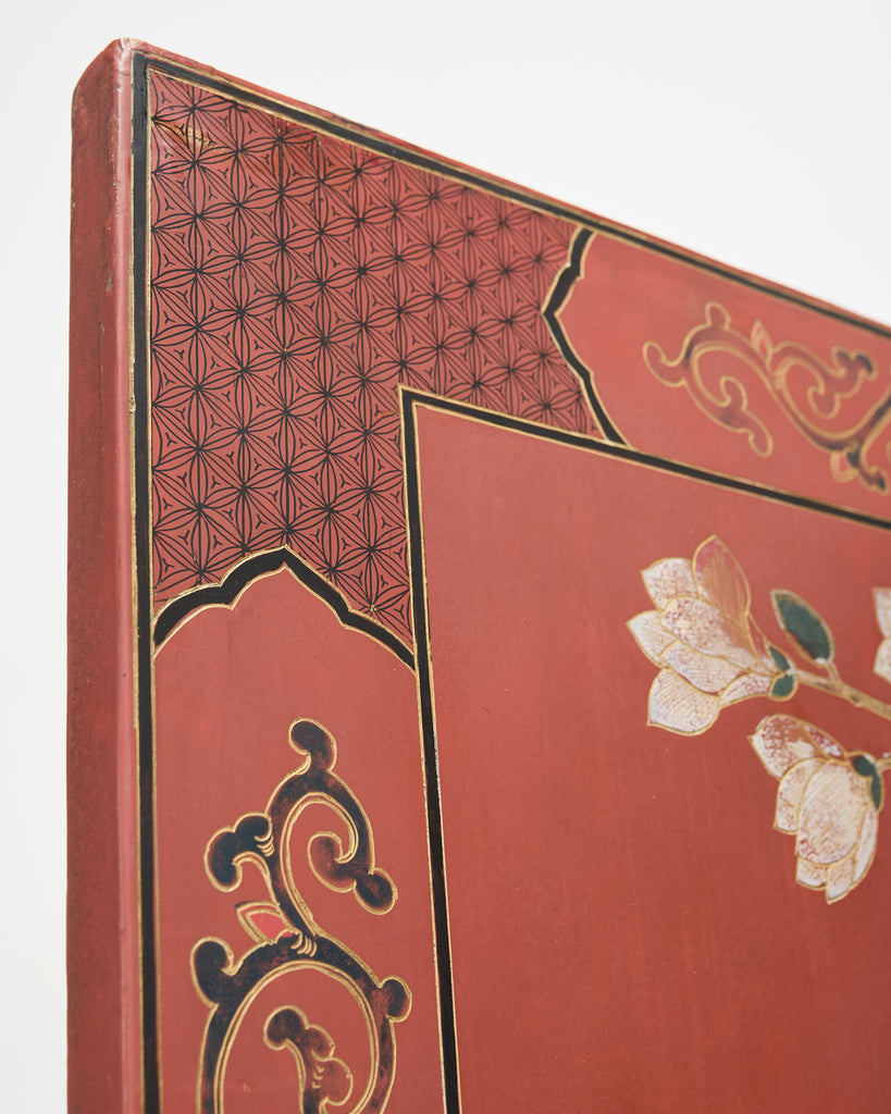 Chinese Export Four Panel Red Lacquered Chinoiserie Gilt Screen