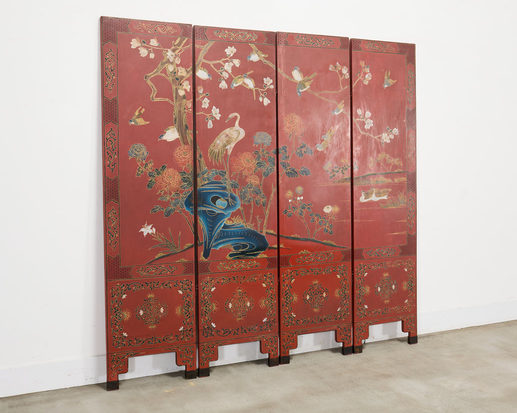 Chinese Export Four Panel Red Lacquered Chinoiserie Gilt Screen