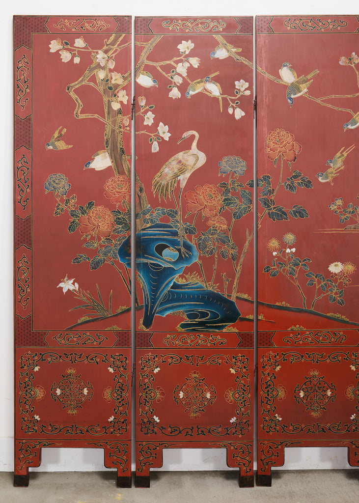 Chinese Export Four Panel Red Lacquered Chinoiserie Gilt Screen