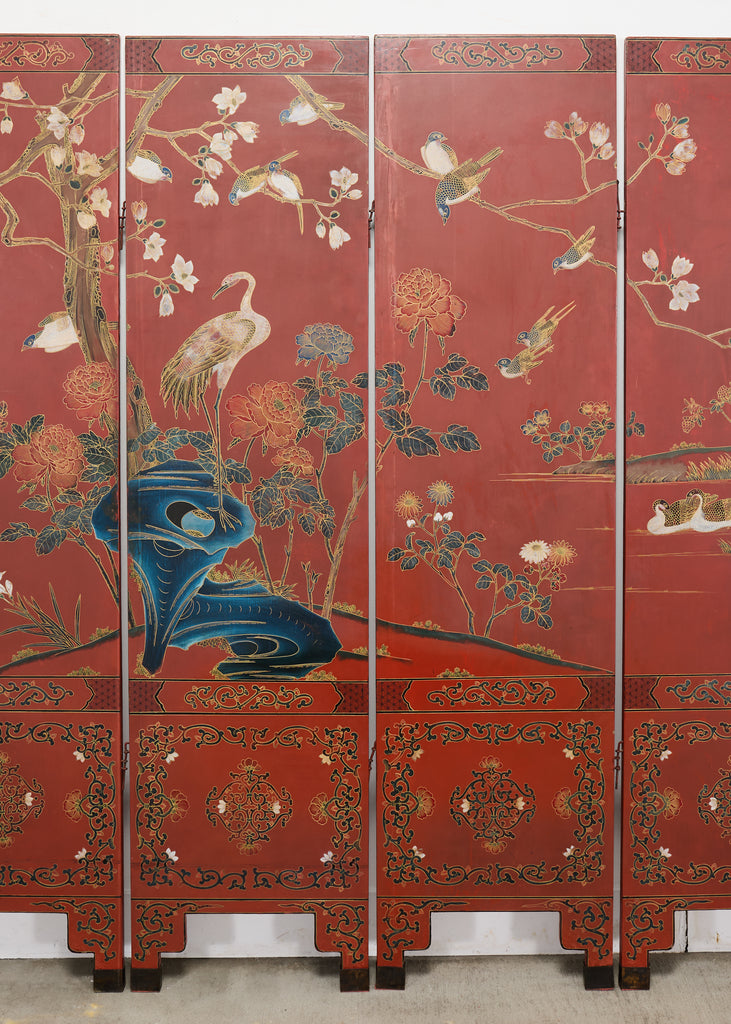Chinese Export Four Panel Red Lacquered Chinoiserie Gilt Screen