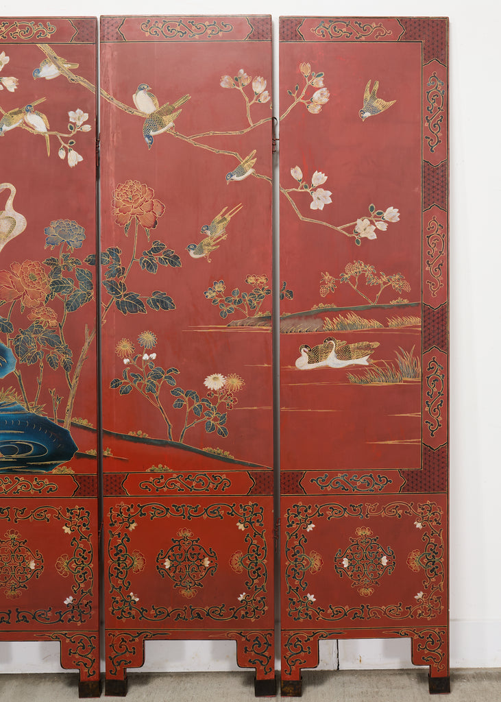 Chinese Export Four Panel Red Lacquered Chinoiserie Gilt Screen