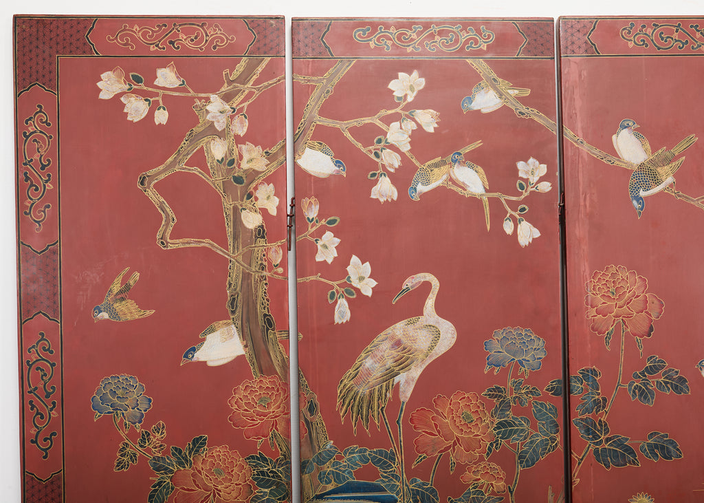 Chinese Export Four Panel Red Lacquered Chinoiserie Gilt Screen
