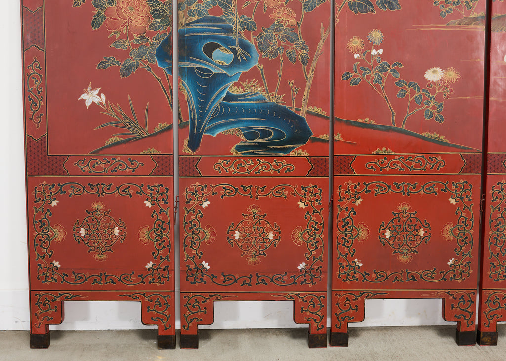 Chinese Export Four Panel Red Lacquered Chinoiserie Gilt Screen