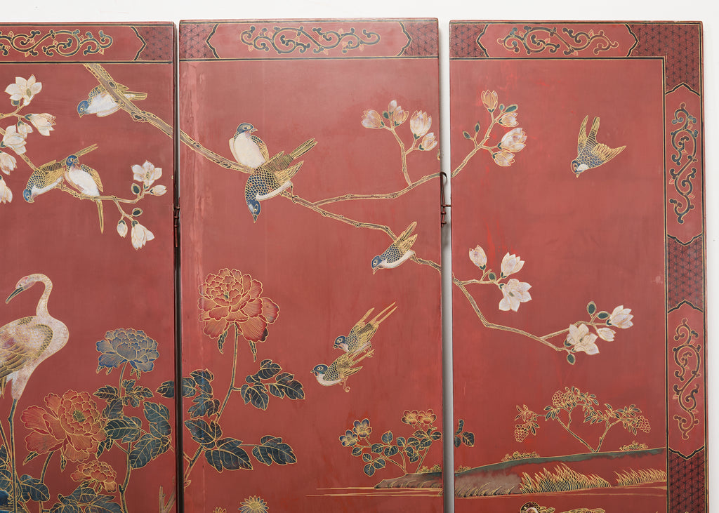Chinese Export Four Panel Red Lacquered Chinoiserie Gilt Screen