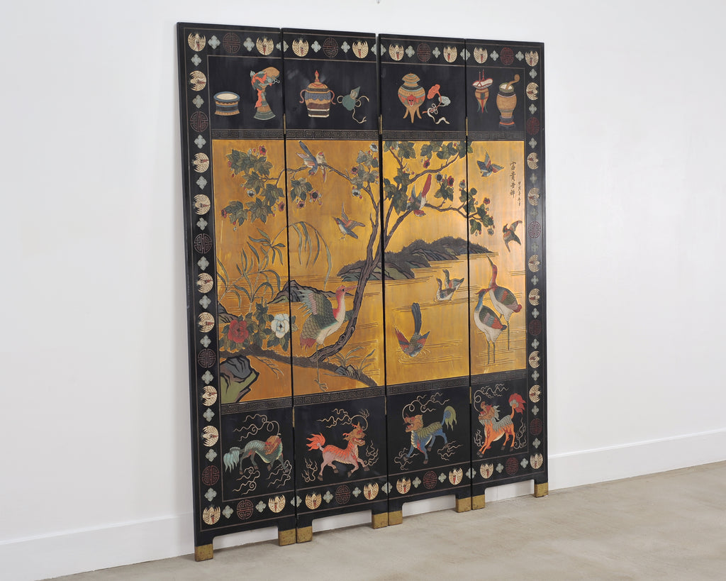 Chinese Export Lacquered Gilt Coromandel Screen Cranes and Ducks
