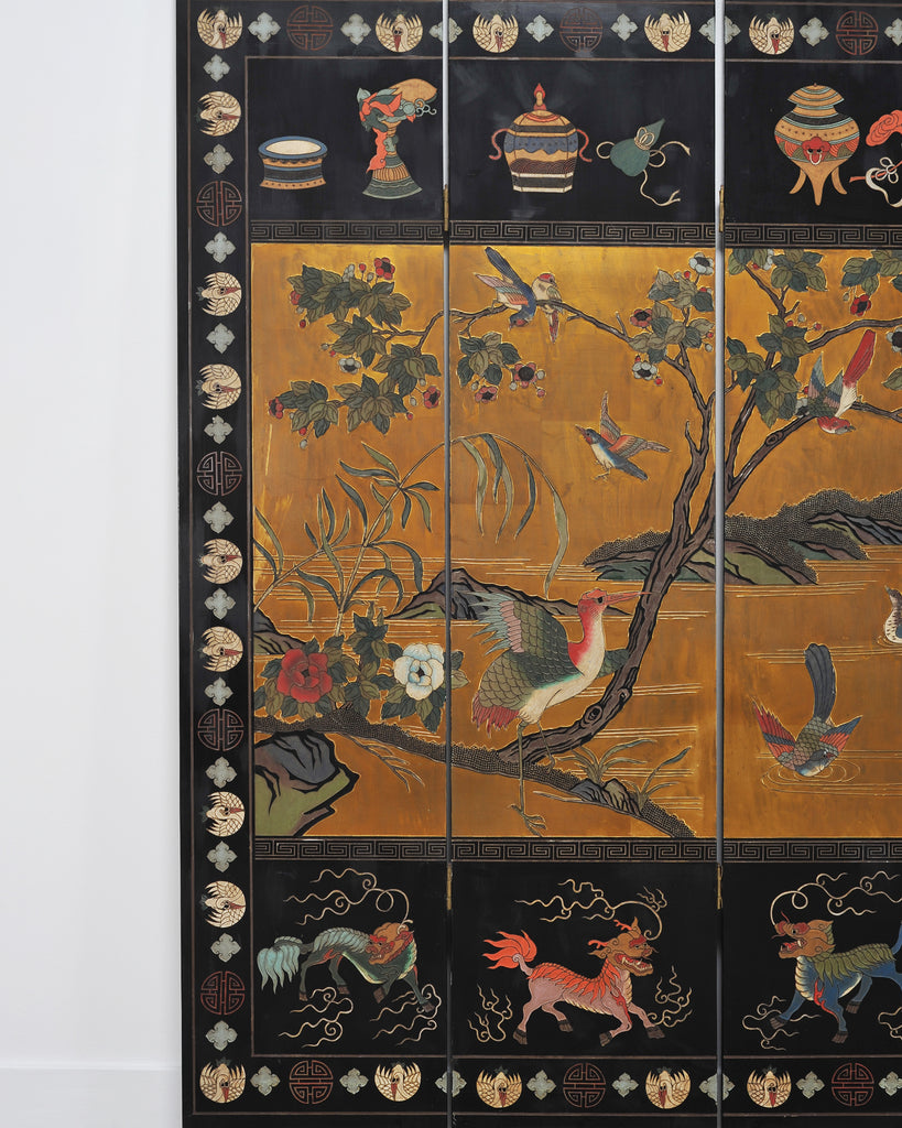 Chinese Export Lacquered Gilt Coromandel Screen Cranes and Ducks