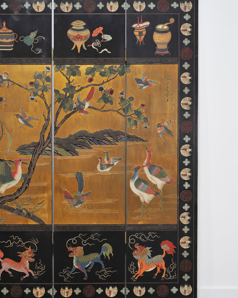 Chinese Export Lacquered Gilt Coromandel Screen Cranes and Ducks