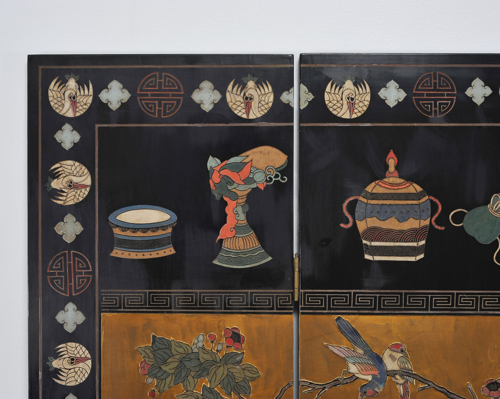 Chinese Export Lacquered Gilt Coromandel Screen Cranes and Ducks