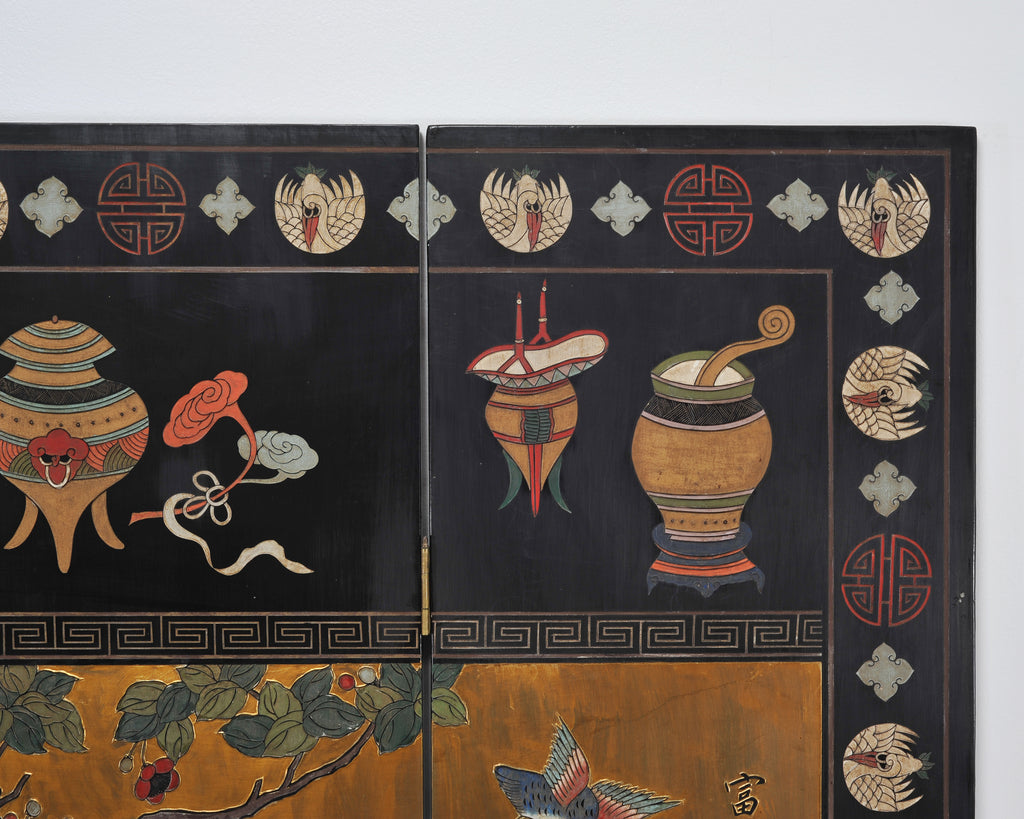 Chinese Export Lacquered Gilt Coromandel Screen Cranes and Ducks