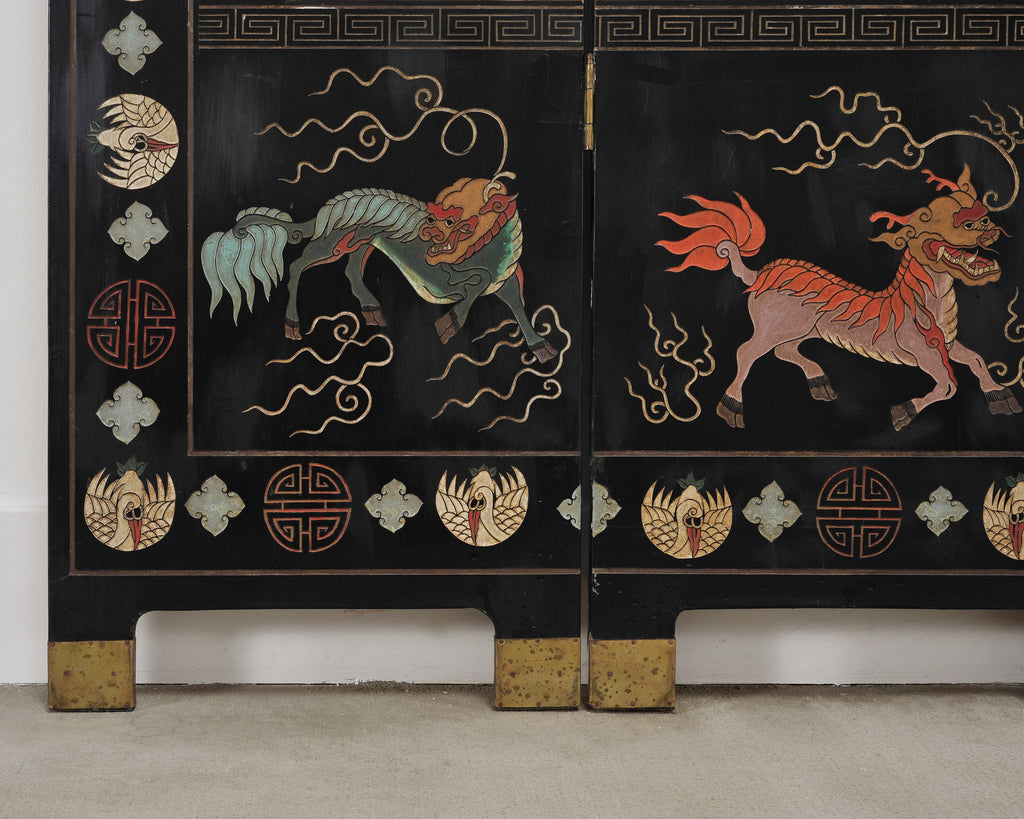 Chinese Export Lacquered Gilt Coromandel Screen Cranes and Ducks