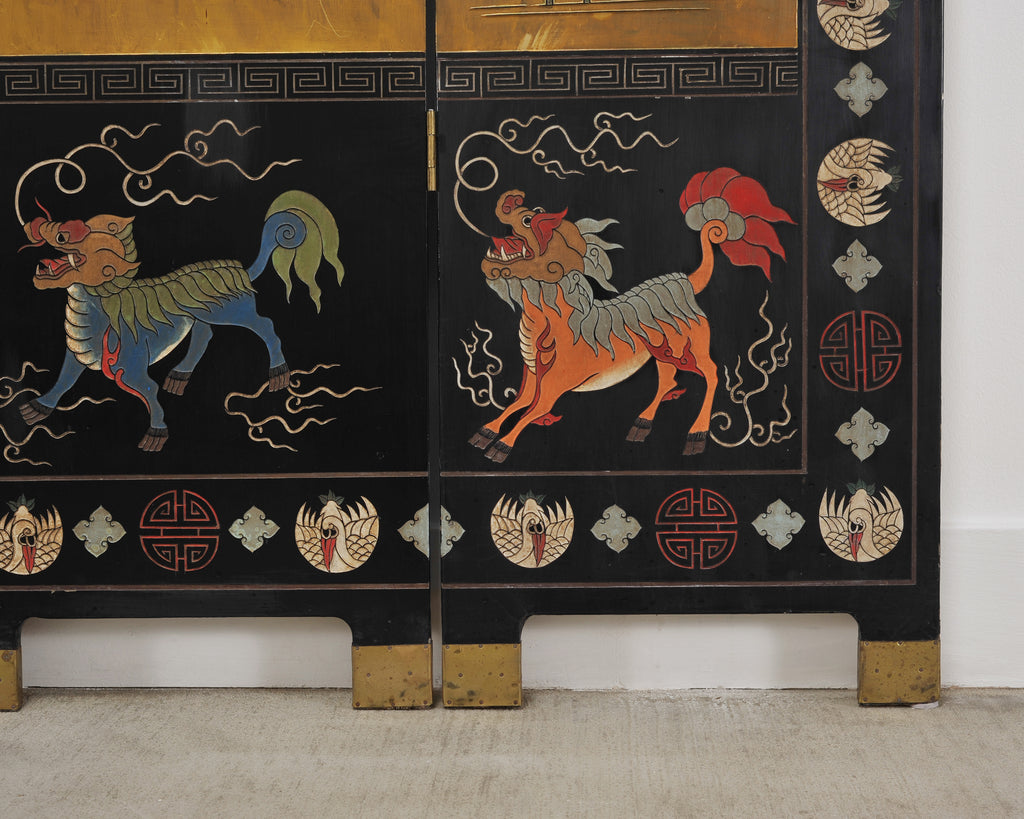 Chinese Export Lacquered Gilt Coromandel Screen Cranes and Ducks