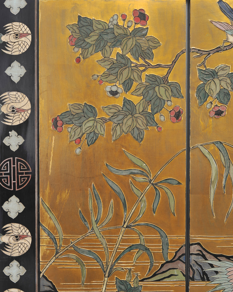 Chinese Export Lacquered Gilt Coromandel Screen Cranes and Ducks