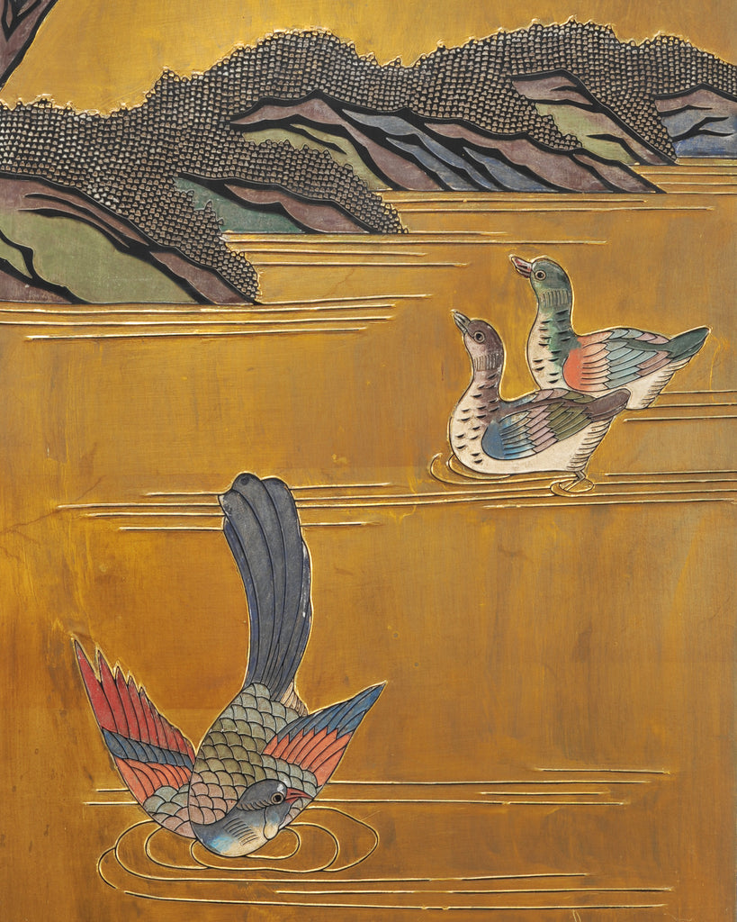 Chinese Export Lacquered Gilt Coromandel Screen Cranes and Ducks
