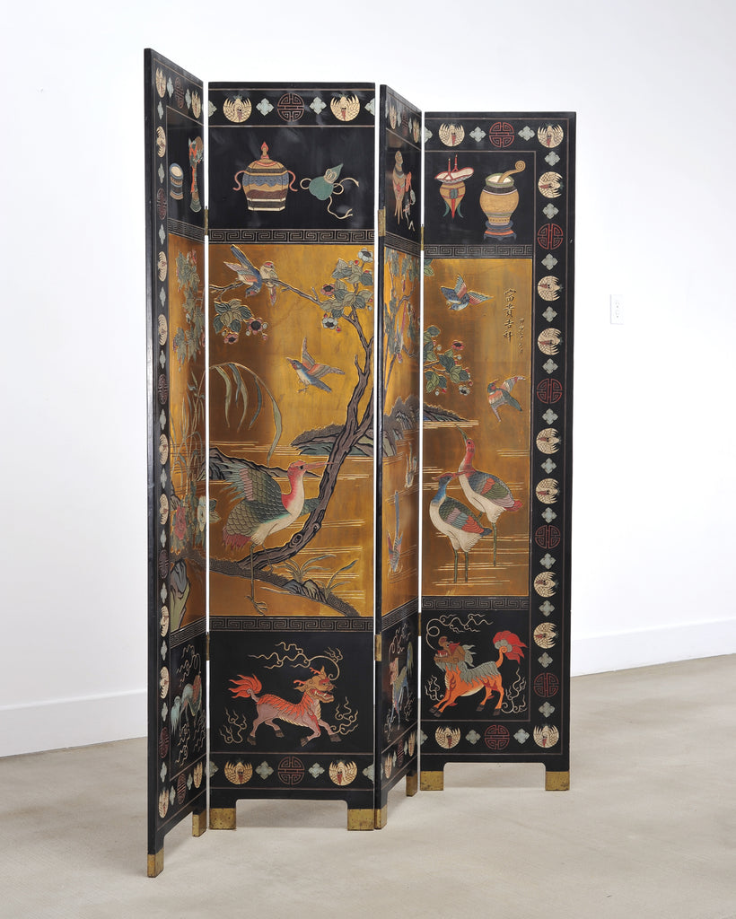 Chinese Export Lacquered Gilt Coromandel Screen Cranes and Ducks