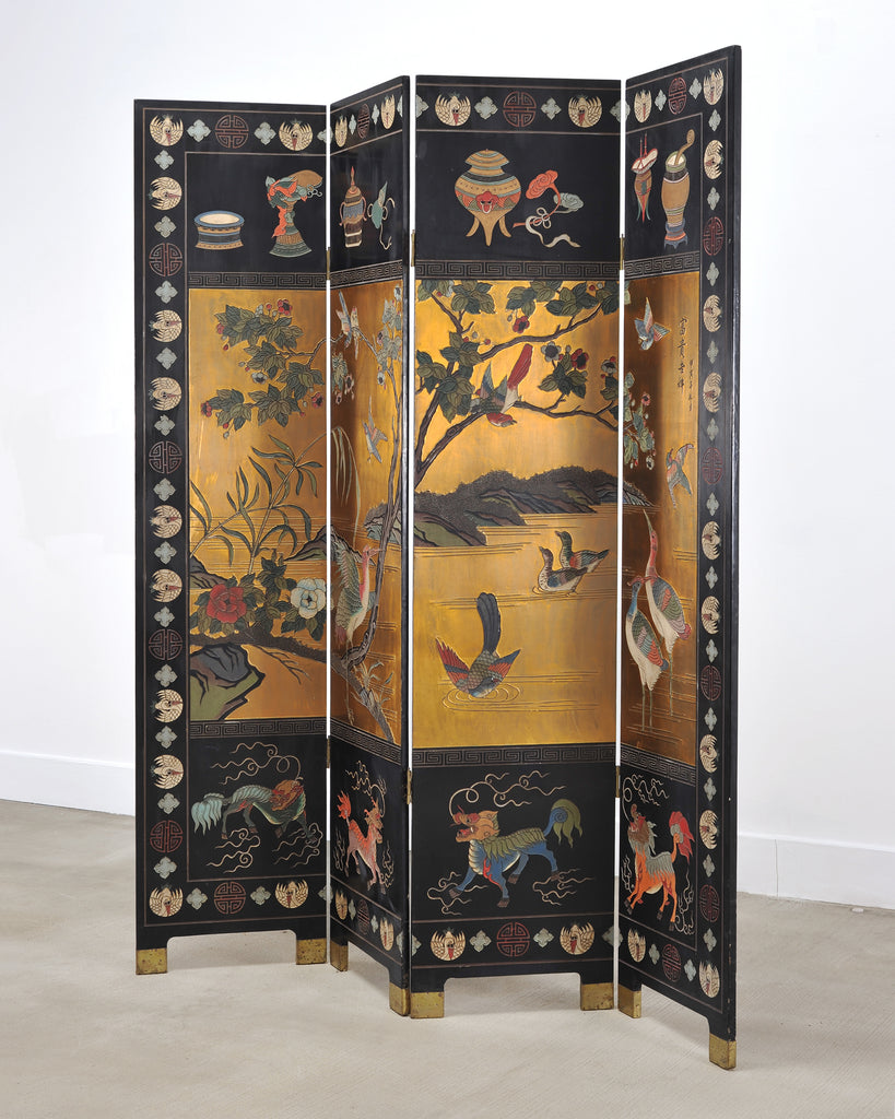 Chinese Export Lacquered Gilt Coromandel Screen Cranes and Ducks