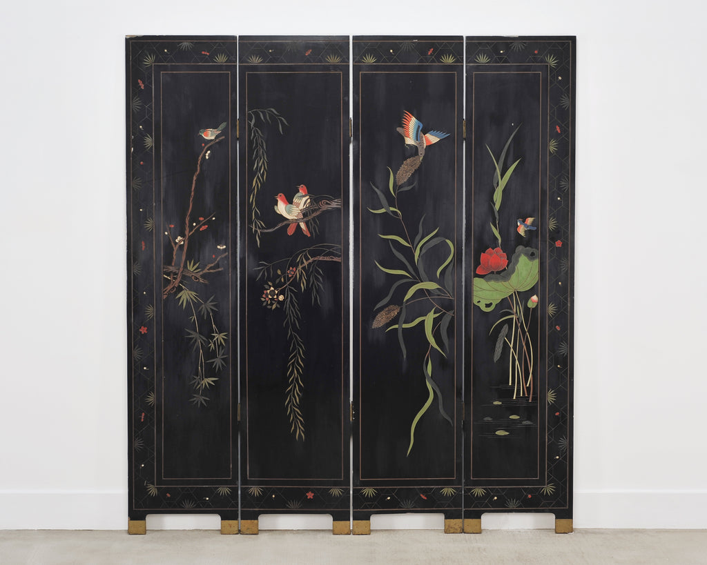 Chinese Export Lacquered Gilt Coromandel Screen Cranes and Ducks