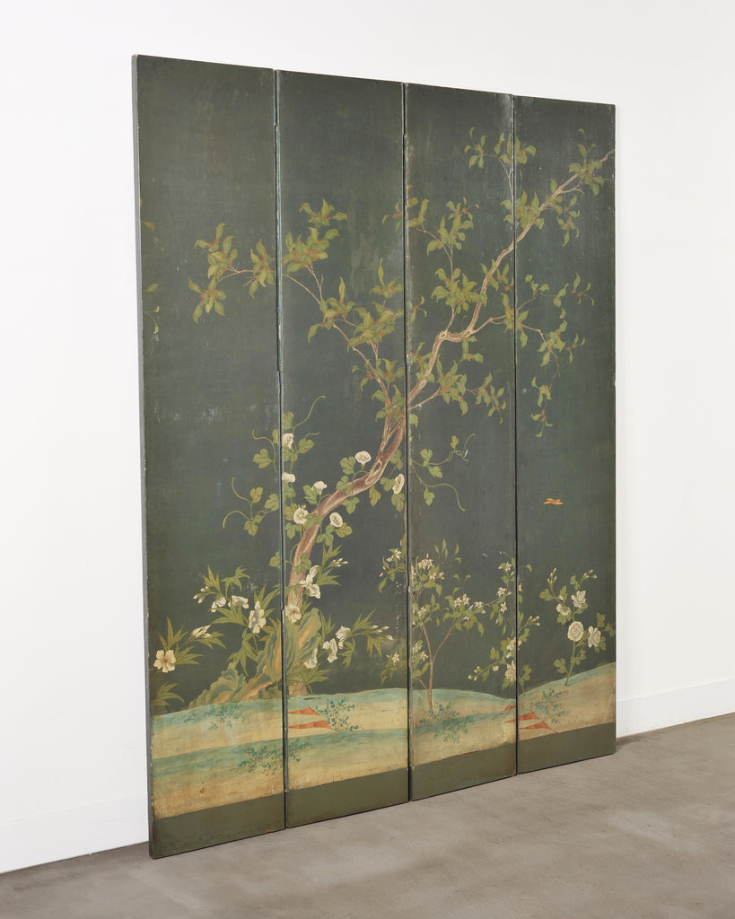 English Chinoiserie Decorated Flora and Fauna Folding Screen
