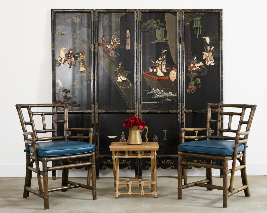 Chinese Export Four Panel Carved Soapstone Coromandel Screen