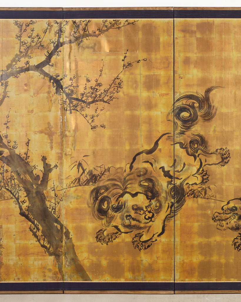 Japanese Showa Four Panel Screen Pair of Karashishi Foo Dogs