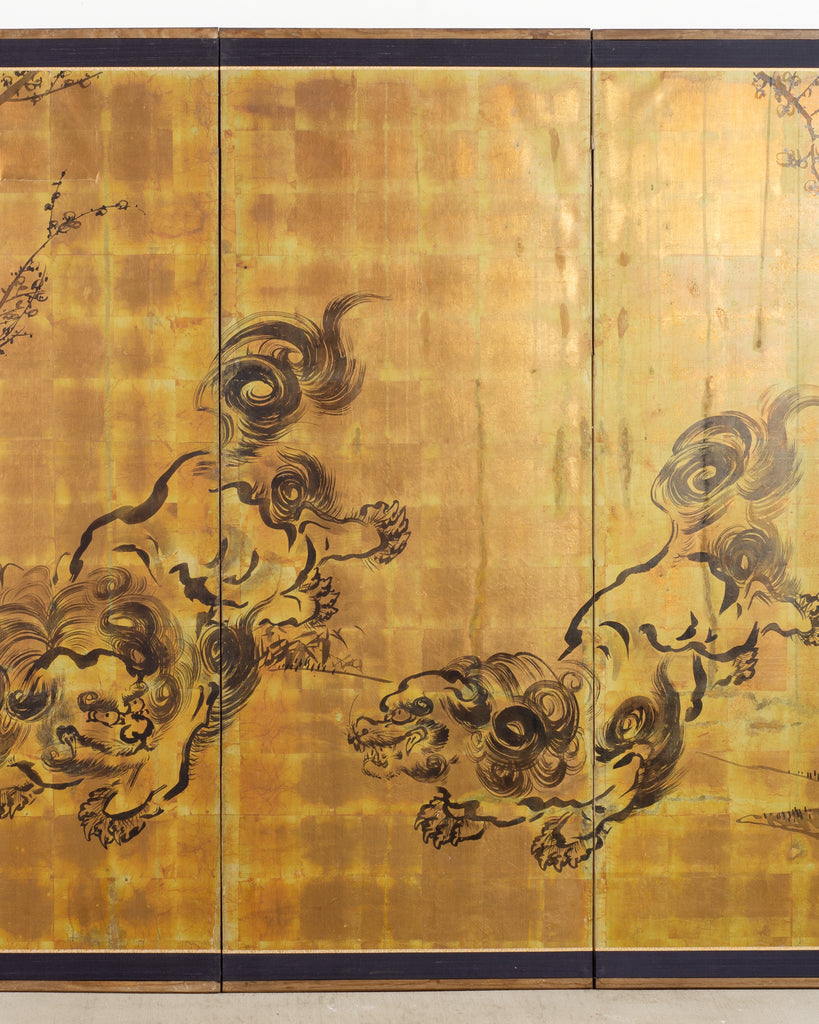 Japanese Showa Four Panel Screen Pair of Karashishi Foo Dogs
