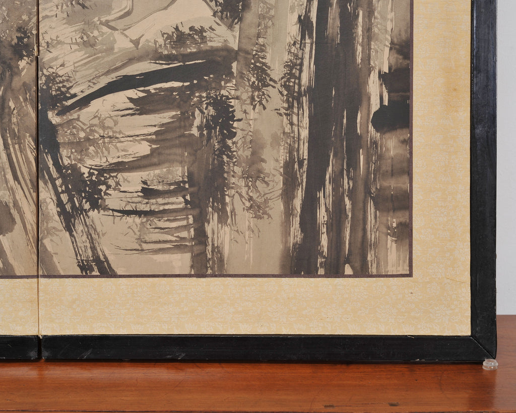 Japanese Showa Four Panel Screen Spring River Landscape 5 Ft.