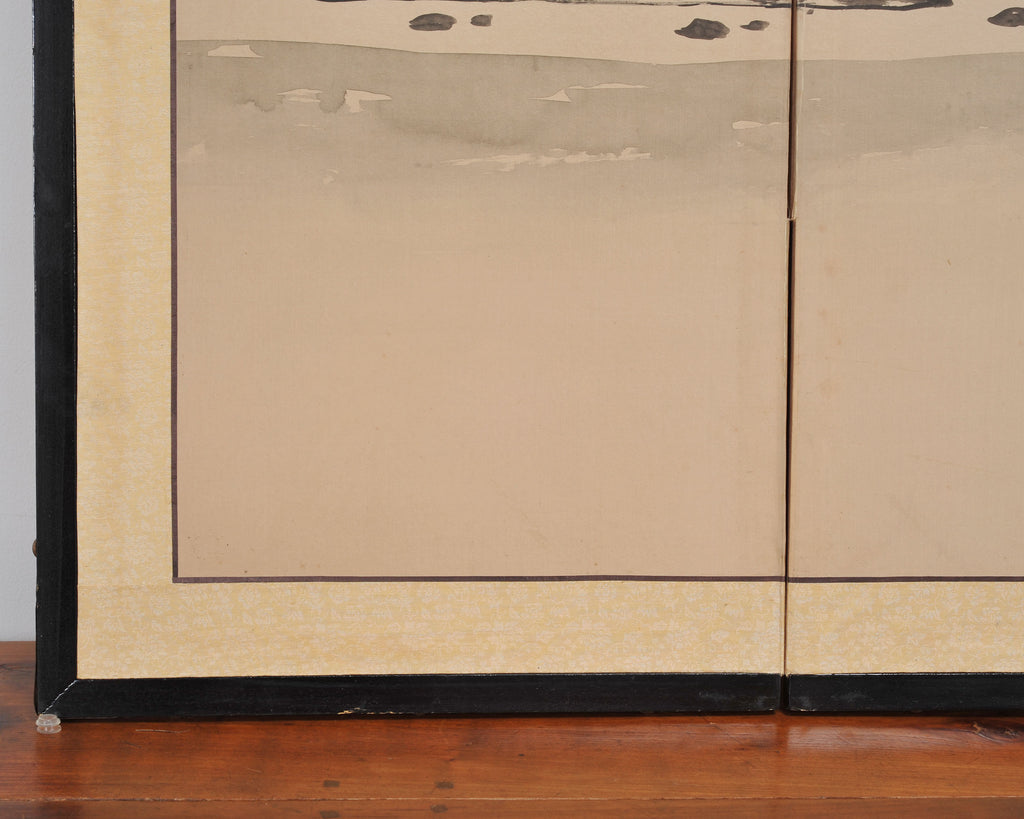 Japanese Showa Four Panel Screen Spring River Landscape 5 Ft.