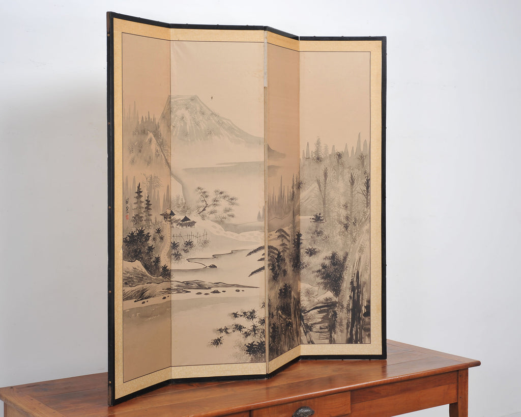 Japanese Showa Four Panel Screen Spring River Landscape 5 Ft.