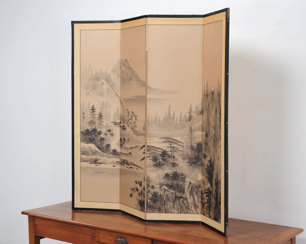Japanese Showa Four Panel Screen Spring River Landscape 5 Ft.